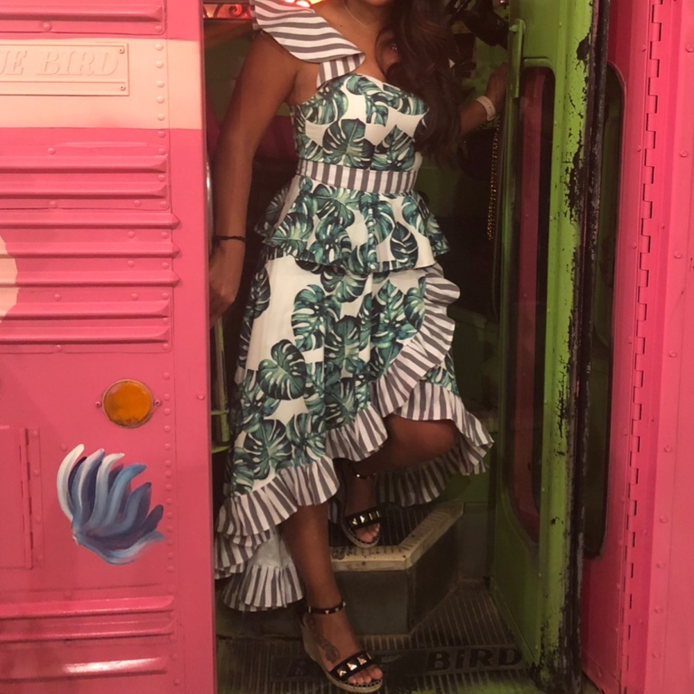 Green Gray Leaf Midi hi Low dress small